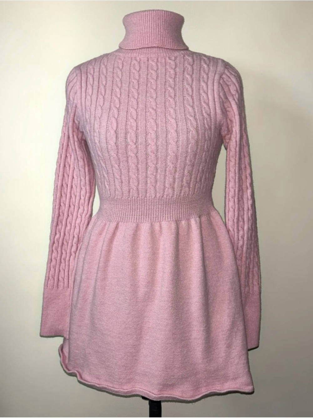 Pink Cable Knit Sweater Dress Coquette Fit & Flare Turtleneck Mini Dress
